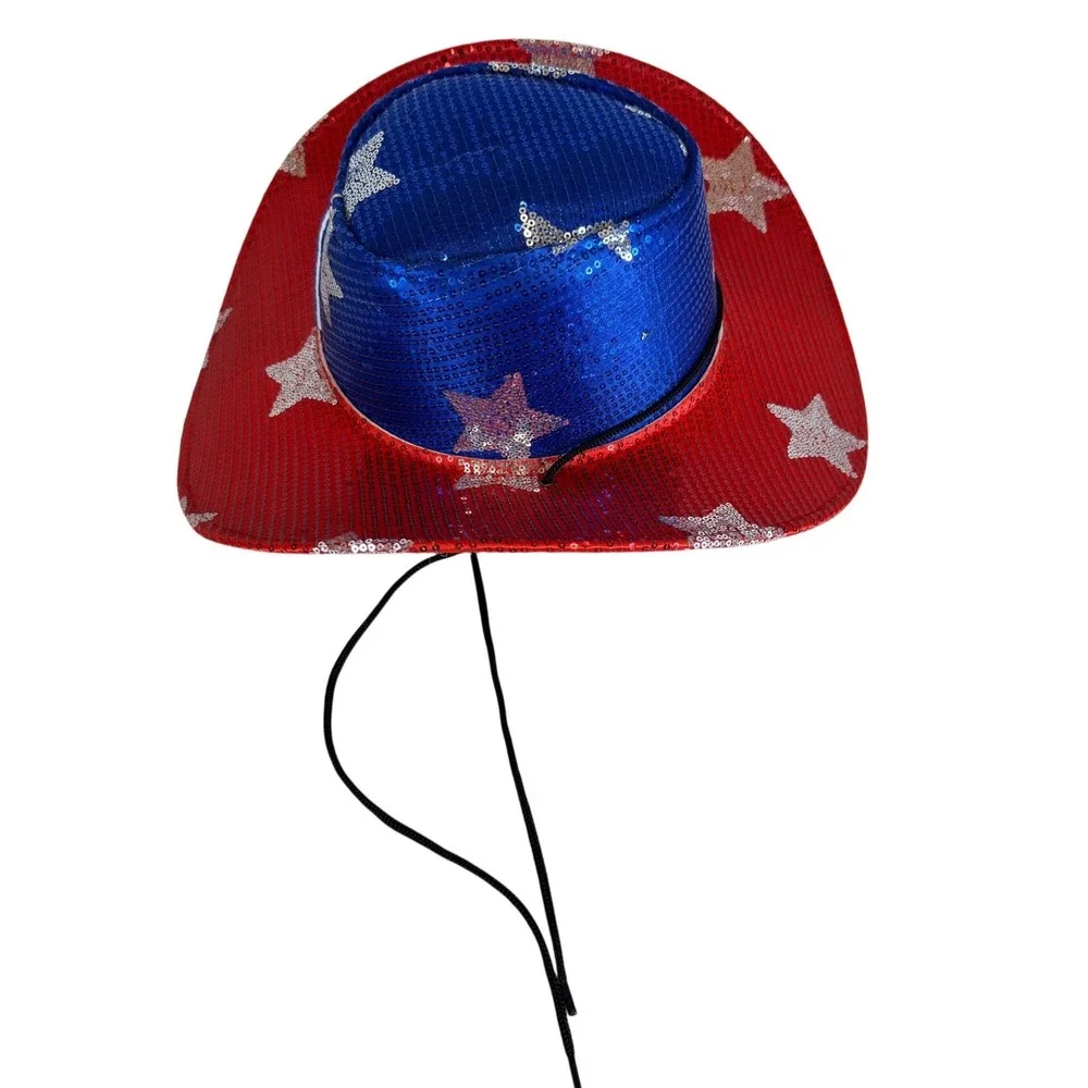 Patriotic LED Light Up Sequin Cowboy Hat Red White Blue Stars 4th of July Party